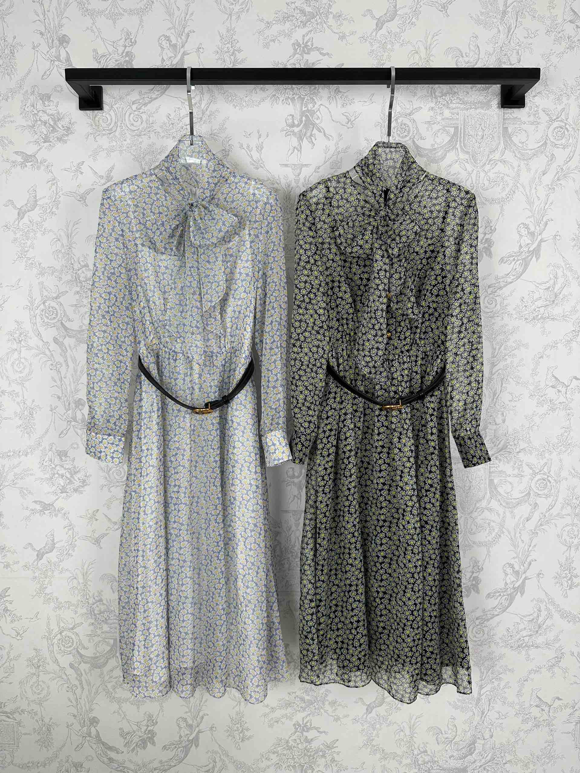 Tencel chiffon digital printed fashionable long-sleeved ribbon dress - Ultra-Collectible