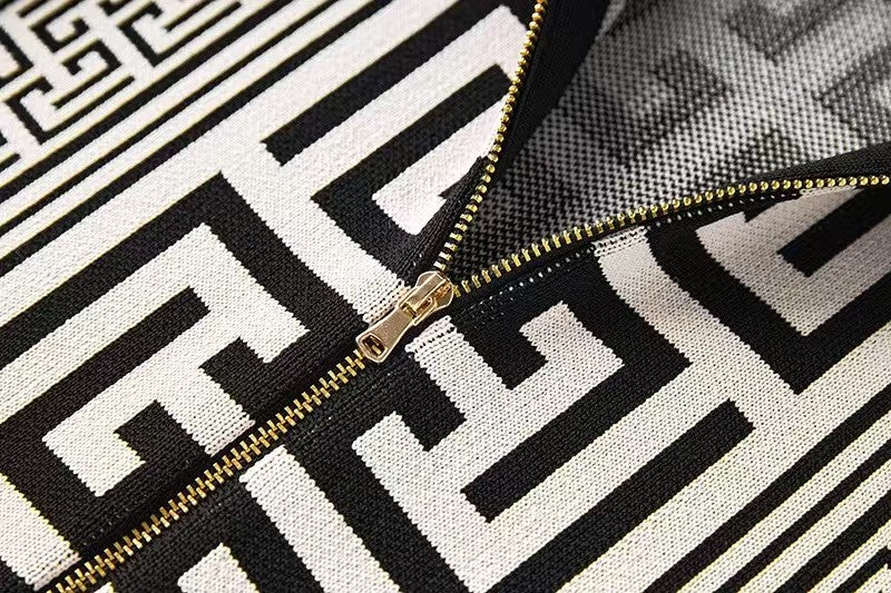 Swastika geometric pattern small stand collar long-sleeved beaded knitted dress - Ultra-Collectible