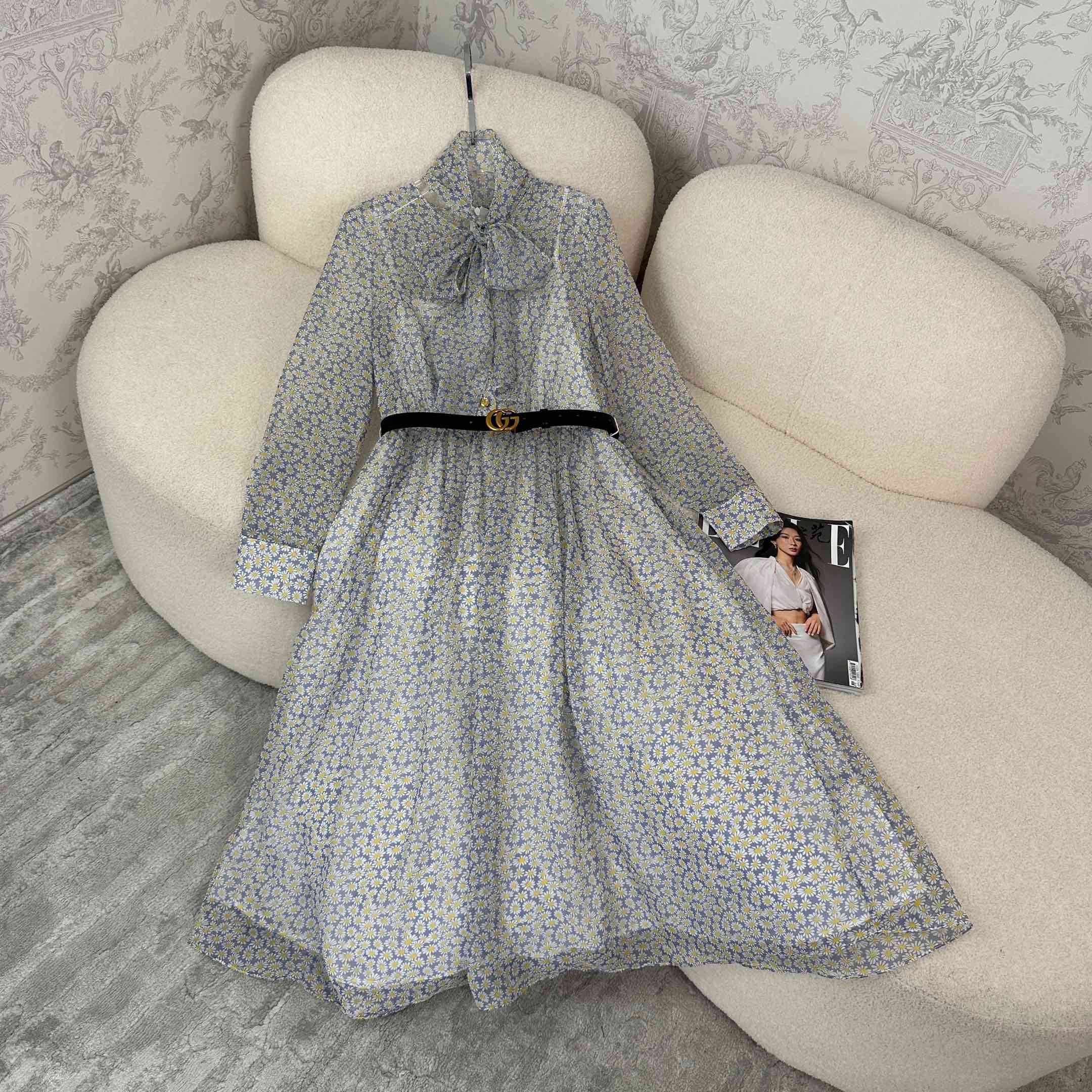 Tencel chiffon digital printed fashionable long-sleeved ribbon dress - Ultra-Collectible