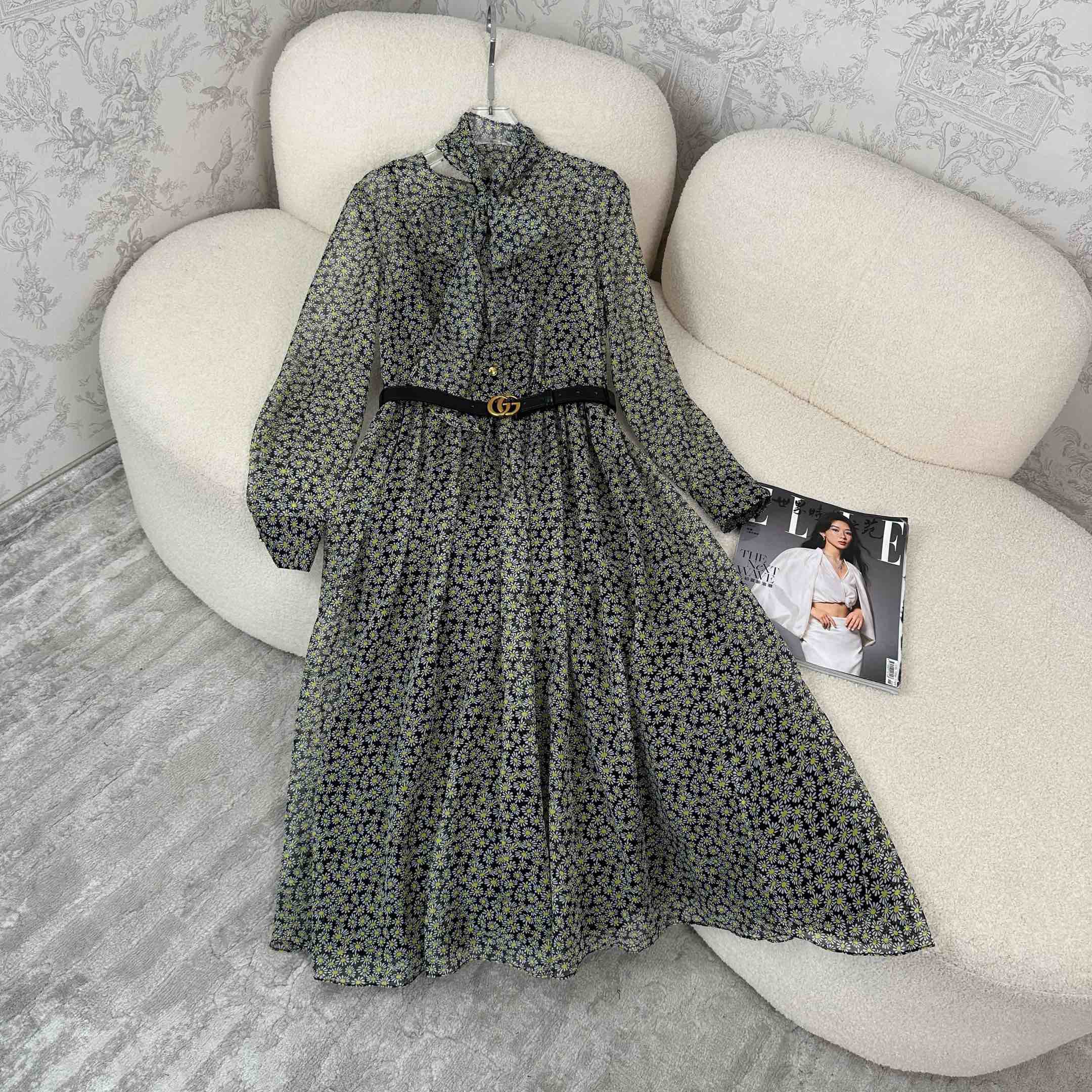 Tencel chiffon digital printed fashionable long-sleeved ribbon dress - Ultra-Collectible