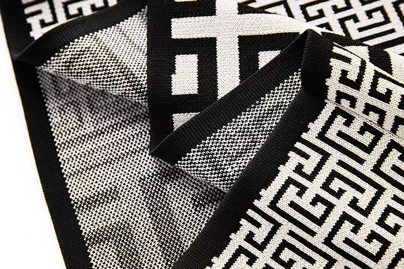 Swastika geometric pattern small stand collar long-sleeved beaded knitted dress - Ultra-Collectible