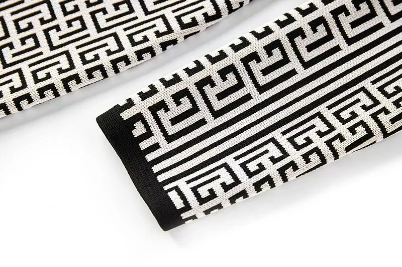 Swastika geometric pattern small stand collar long-sleeved beaded knitted dress - Ultra-Collectible