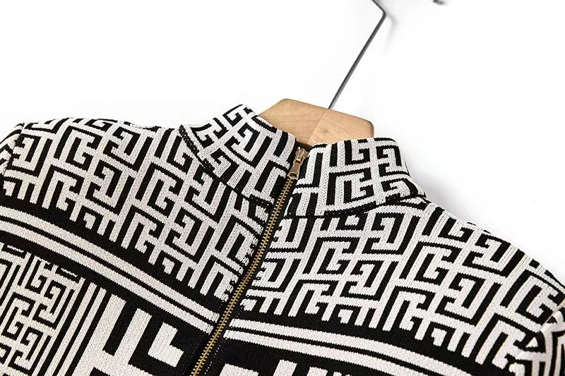 Swastika geometric pattern small stand collar long-sleeved beaded knitted dress - Ultra-Collectible