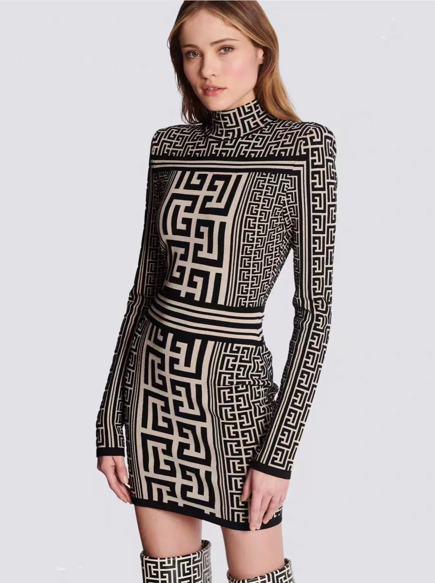 Swastika geometric pattern small stand collar long-sleeved beaded knitted dress - Ultra-Collectible
