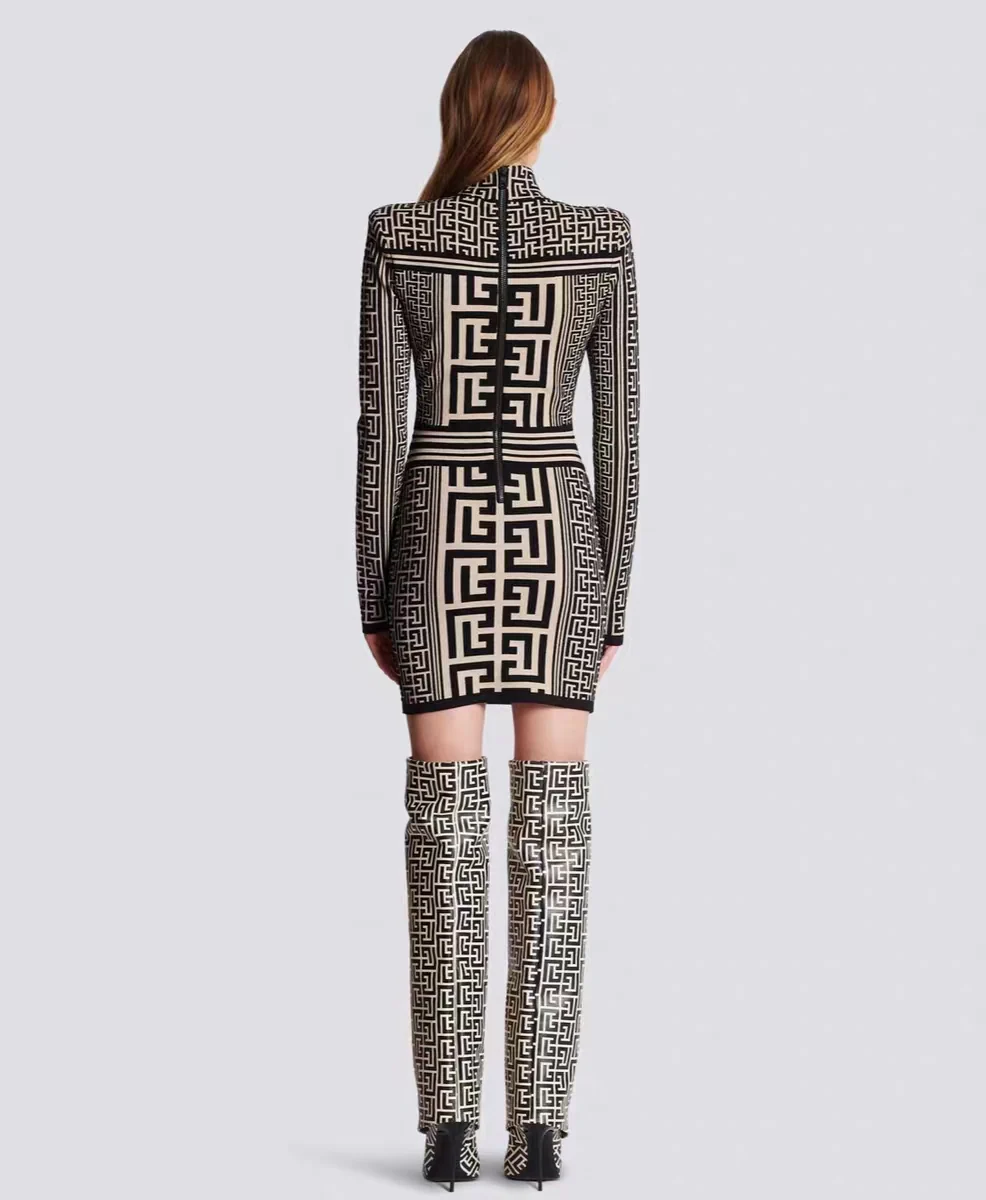 Swastika geometric pattern small stand collar long-sleeved beaded knitted dress - Ultra-Collectible