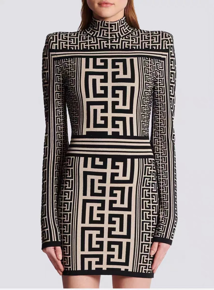 Swastika geometric pattern small stand collar long-sleeved beaded knitted dress - Ultra-Collectible