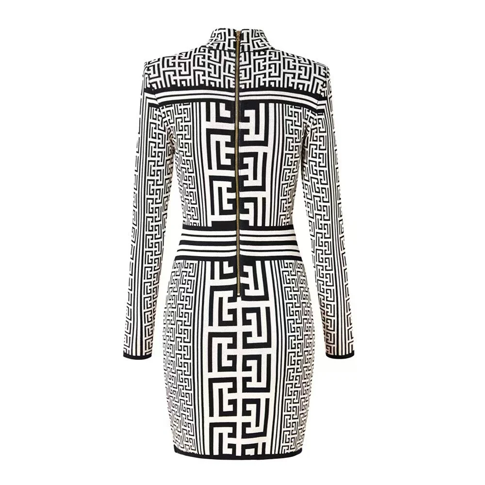 Swastika geometric pattern small stand collar long-sleeved beaded knitted dress - Ultra-Collectible