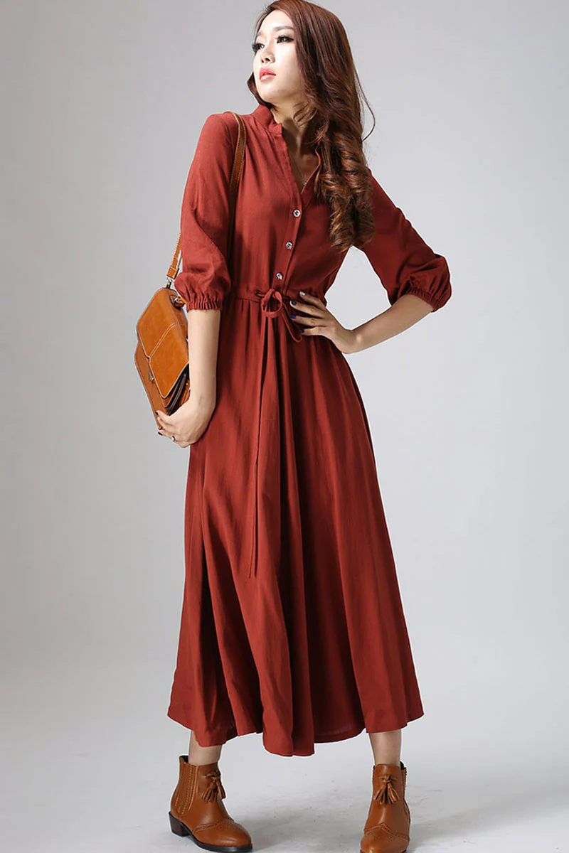 Casual linen shirt dress, womens maxi swing dress 0804#
