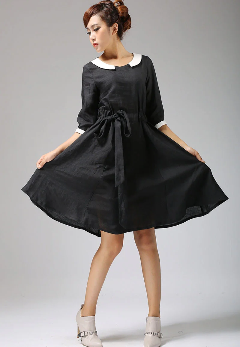 Black linen dress with collar and elbow length sleeves 697#