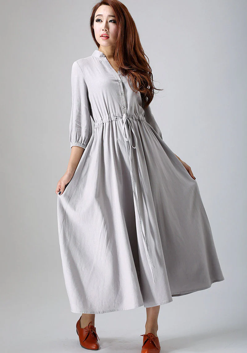Grey linen swing shirt dress, vintage inspired retro dress 0785#