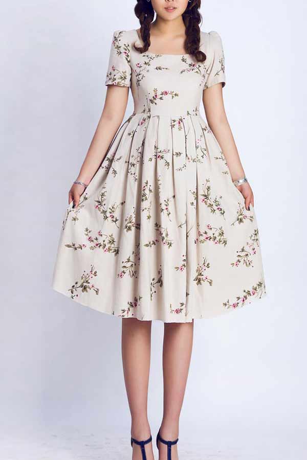 50s Floral Print Prairie Midi Dress 0139#