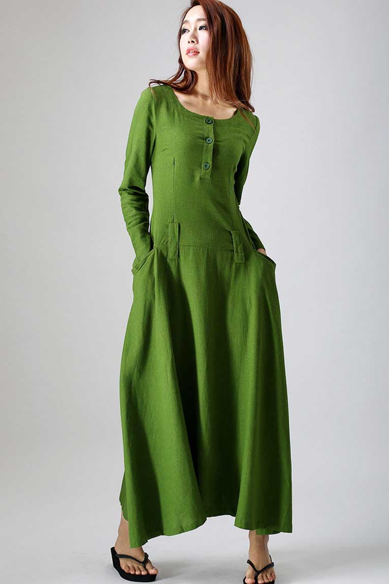 Long sleeve casual maxi linen dress 0784#