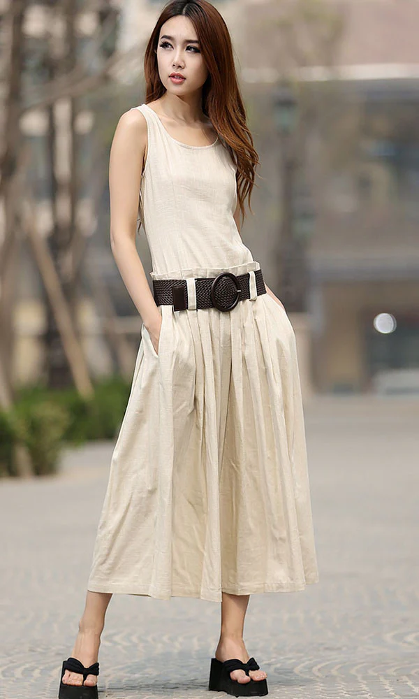 Women's sleeveless linen maxi dress with pleating details 0931#