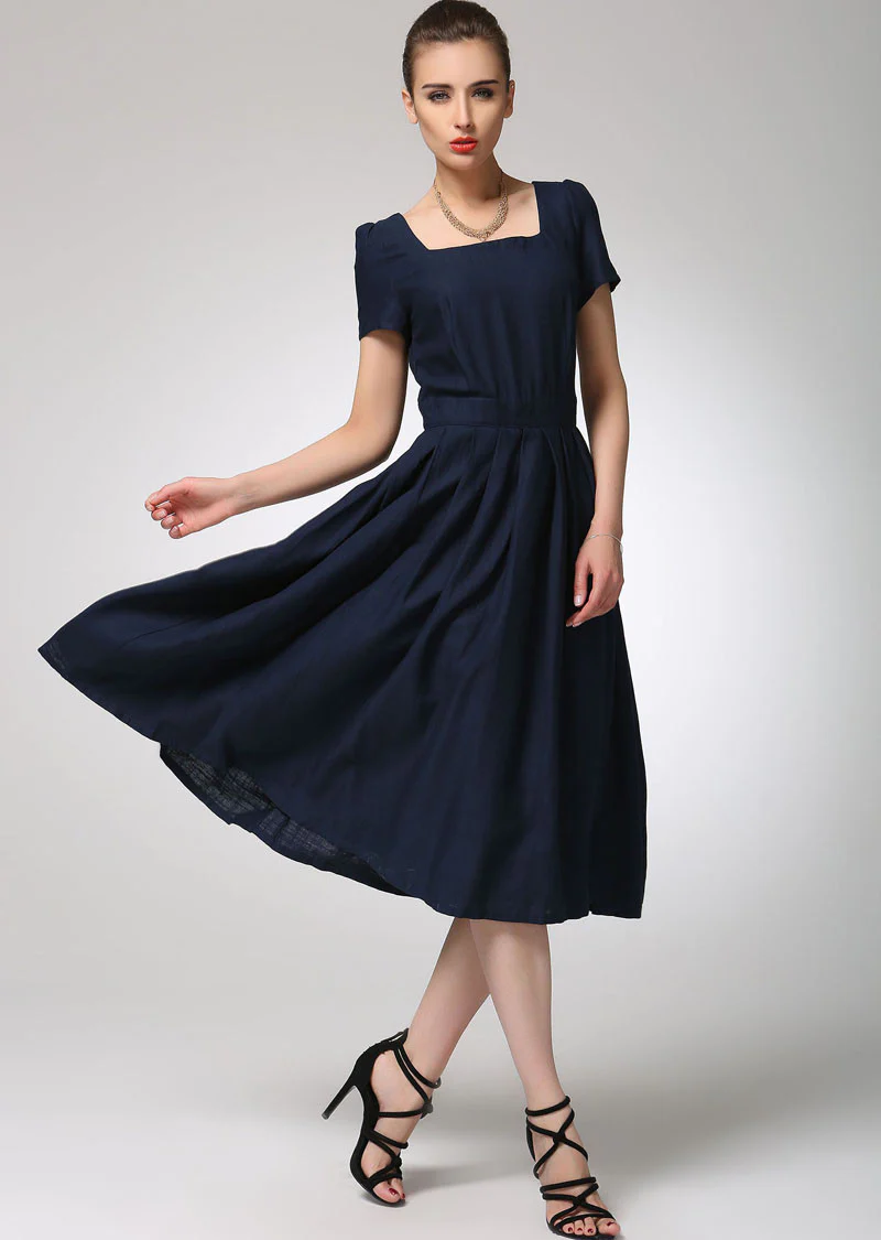 Navy blue linen dress midi women dress 1261#