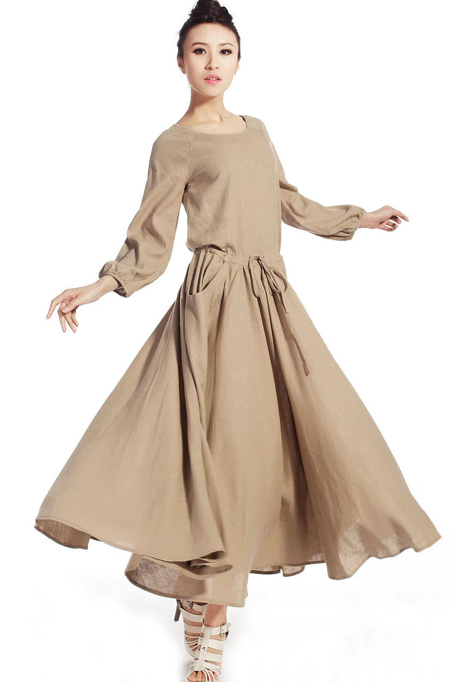 Casual  Brown maxi linen dress 515