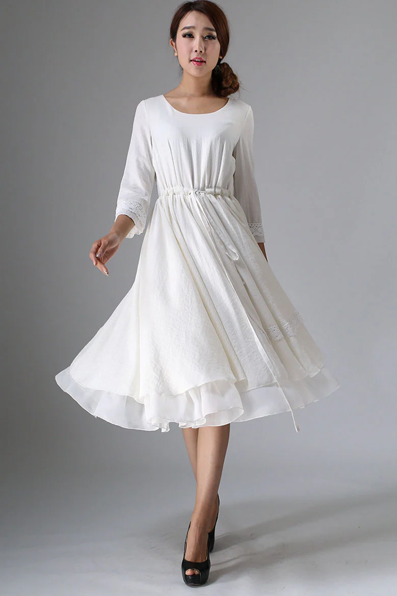 Women's White Drawstring waisted white Linen Bridal Dress 0960#