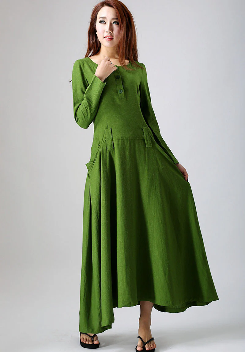 Long sleeve casual maxi linen dress 0784#