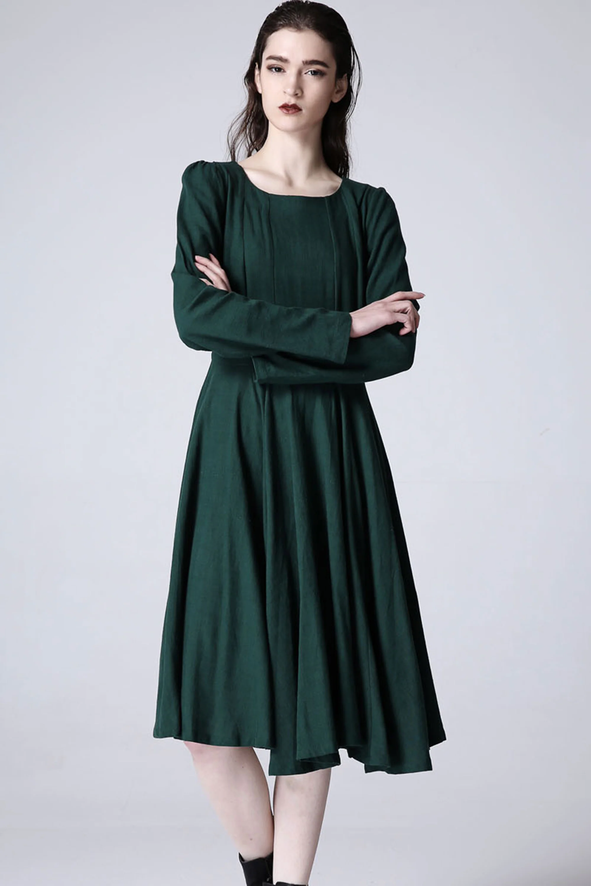 Green linen dress women midi cute dress 1176