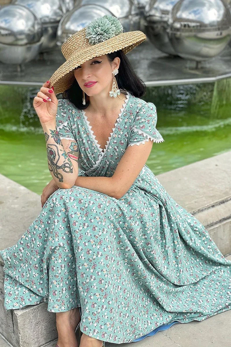 Floral Maxi Lace Edging Wedding Linen Dress 0665#