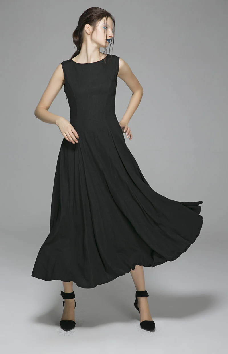 Long Black Linen Dress Women Maxi Dress Sleeveless Prom Dress(1395)