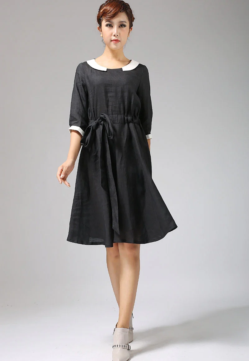 Black linen dress with collar and elbow length sleeves 697#