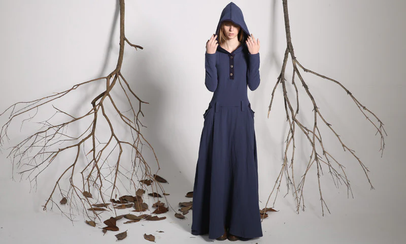 Blue hooded linen maxi dress for women 1140#
