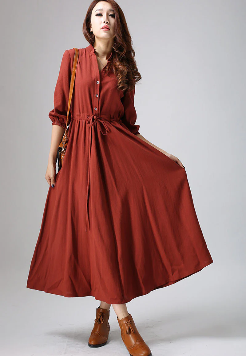 Casual linen shirt dress, womens maxi swing dress 0804#