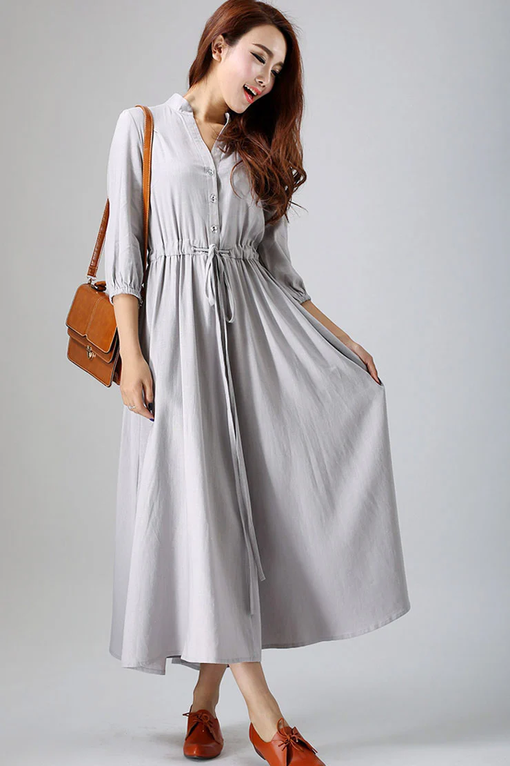Grey linen swing shirt dress, vintage inspired retro dress 0785#