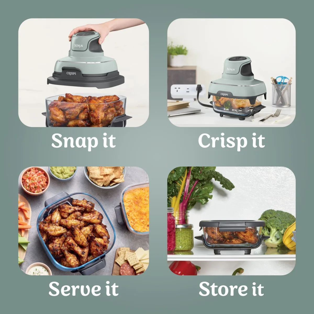Ninja CRISPi 4-in-1 Portable Glass Air Fryer - Sage & extra TempWare Glass Container Bundle