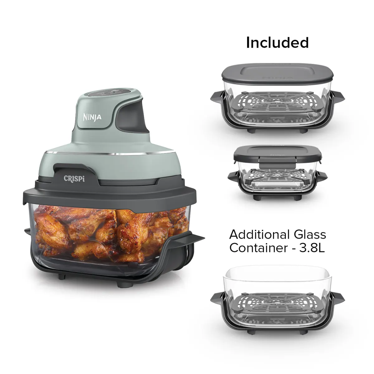 Ninja CRISPi 4-in-1 Portable Glass Air Fryer - Sage & extra TempWare Glass Container Bundle
