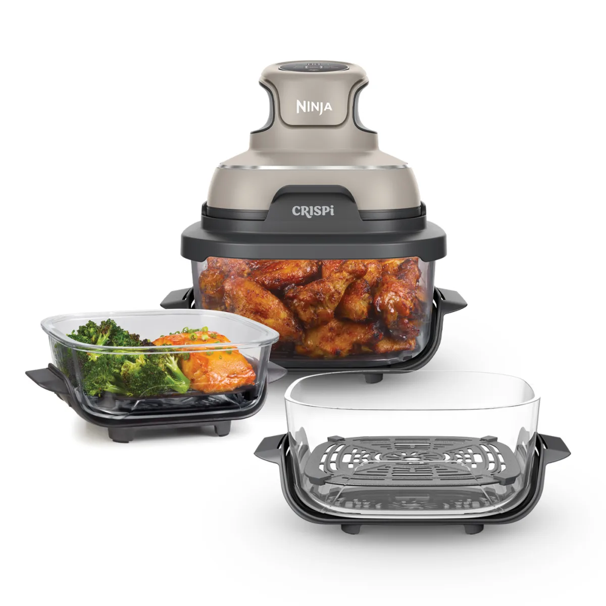 Ninja CRISPi 4-in-1 Portable Glass Air Fryer - Stone & extra TempWare Glass Container Bundle