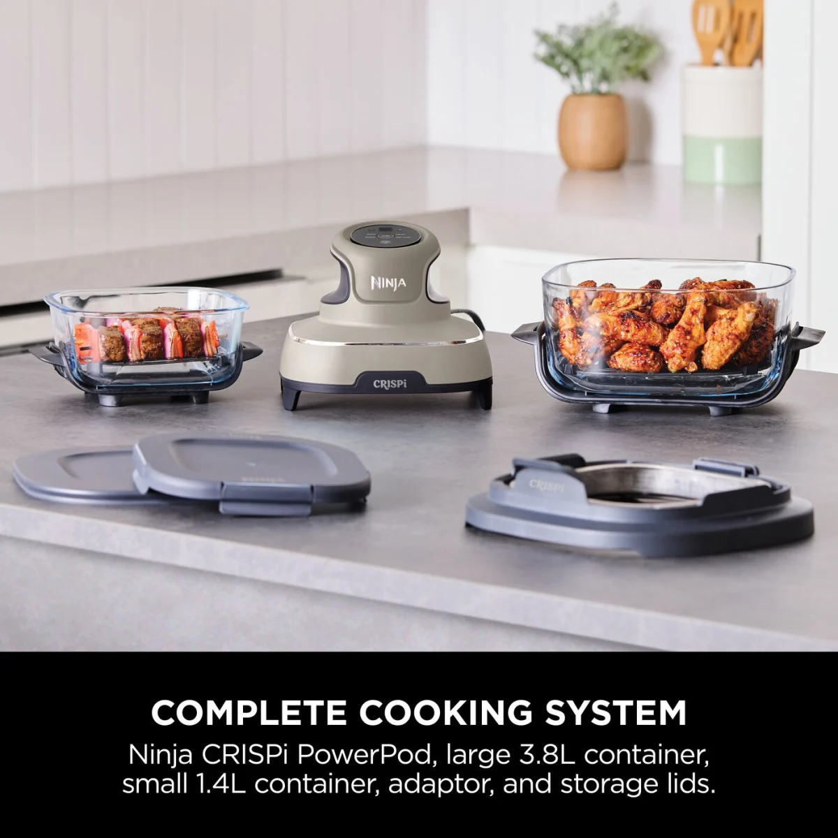 Ninja CRISPi 4-in-1 Portable Glass Air Fryer - Stone & extra TempWare Glass Container Bundle