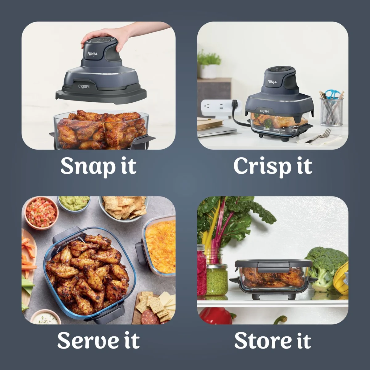 Ninja CRISPi 4-in-1 Portable Glass Air Fryer - Cyber Space & extra TempWare Glass Container Bundle