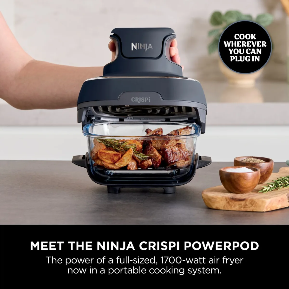 Ninja CRISPi 4-in-1 Portable Glass Air Fryer - Cyber Space & extra TempWare Glass Container Bundle