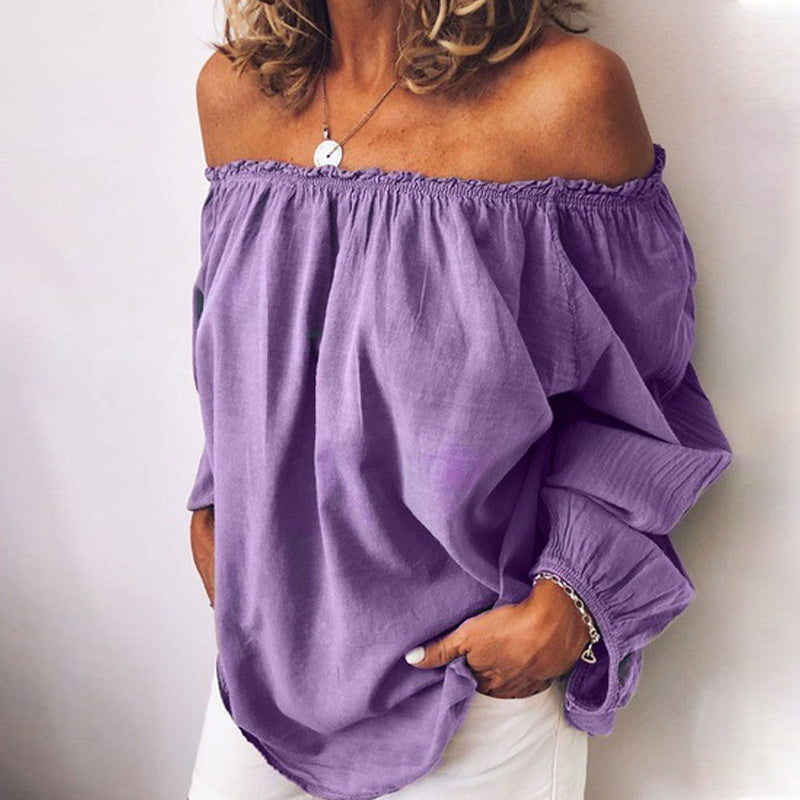 Macymars™ Flat Neck Elastic Pleated Sweet Cotton Linen Solid Long Sleeve Women's Shirt