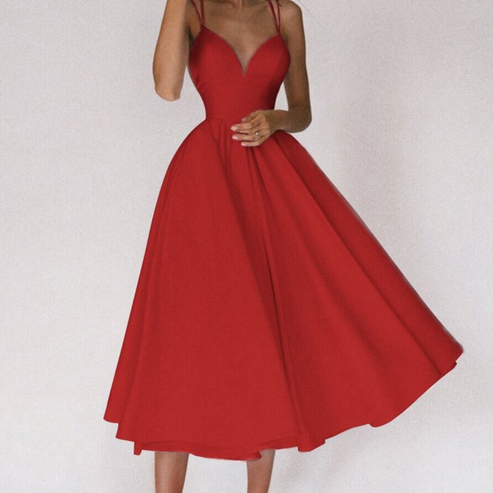 Macymars™ Multicolor Suspenders Sexy Mid-waist Petal V-neck Collarbone Swing Midi Dress