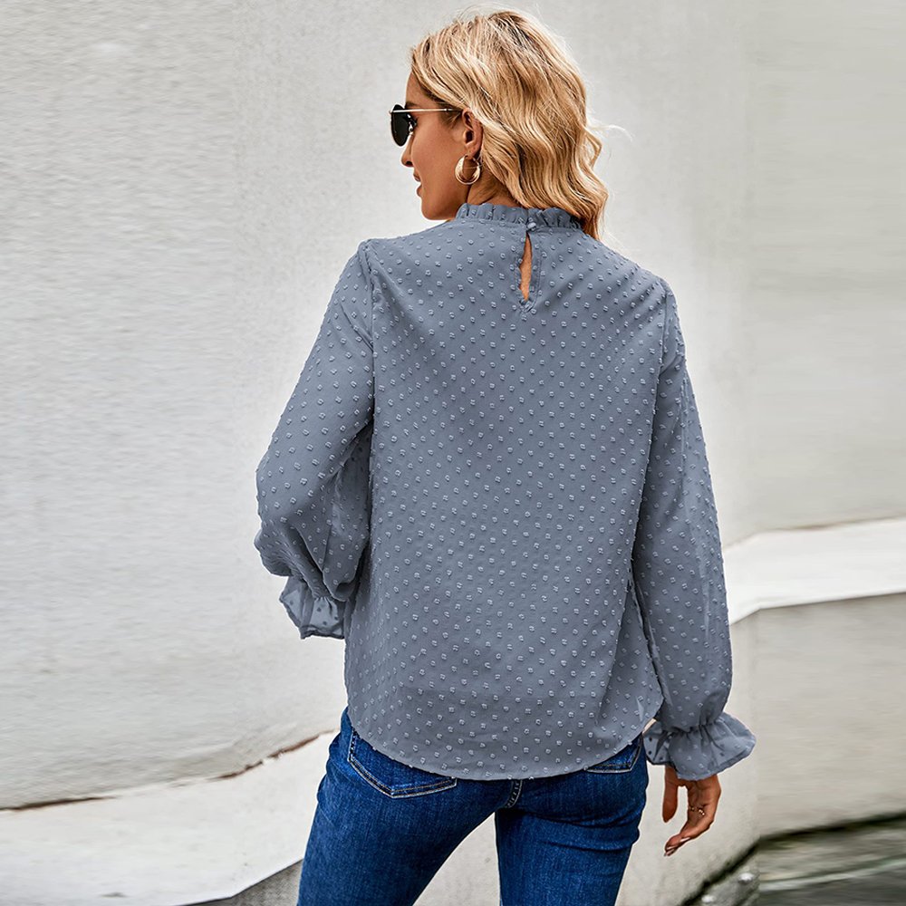 Macymars™ Women's Round Neck Chiffon Ruffle Loose Solid Color Fur Ball Polka Dot Blouse