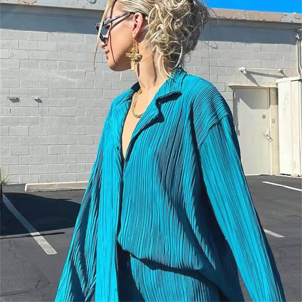 Macymars™ Women Clothing Retro Casual Fashion Fashion Suit 2022 Long Sleeve Loose-Fitting Pleated Wide Leg Pants Two-Piece Set