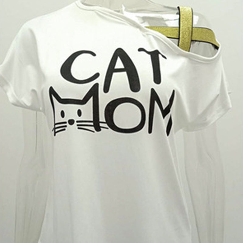 Macymars™ Spring And Summer Cat Mom Print Casual Slanted Shoulder Cross Irregular Short Sleeve Women's T-Shirt
