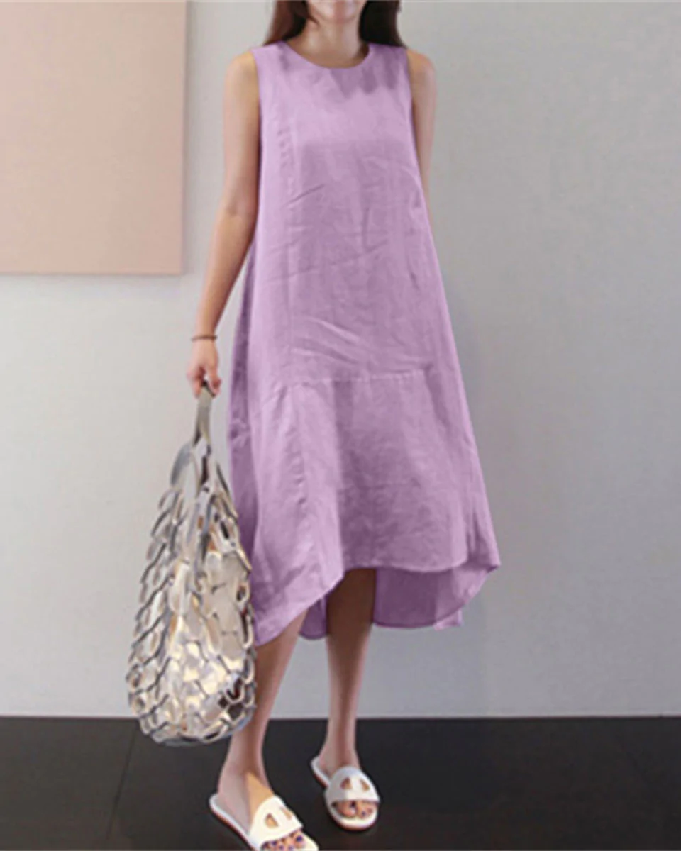 Macymars™ Round Neck Sleeveless Cotton And Linen Vest Dress