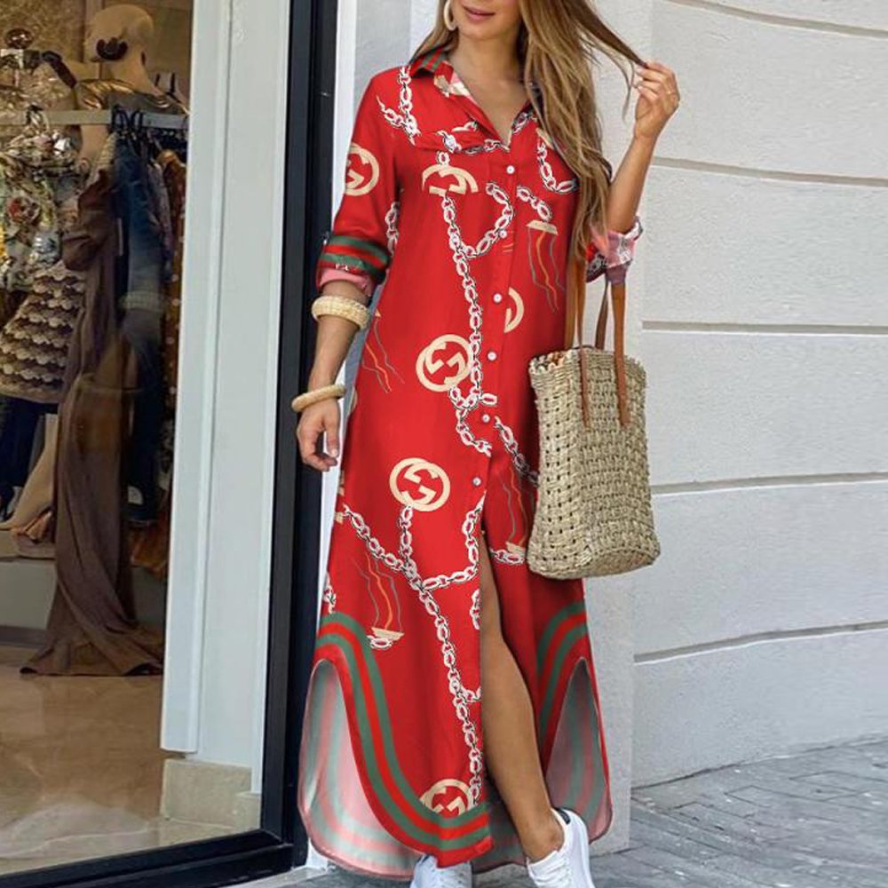 Macymars™ Fashion Buttoned Slit Shirt Party Casual Loose Long Sleeve Dresses