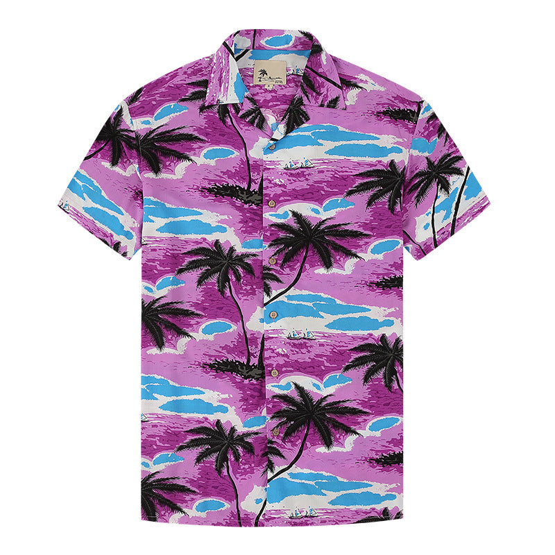 Macymars™ Fashion Hawaiian Purple Coconut Tree Print Beach Men's Bowling Shirt