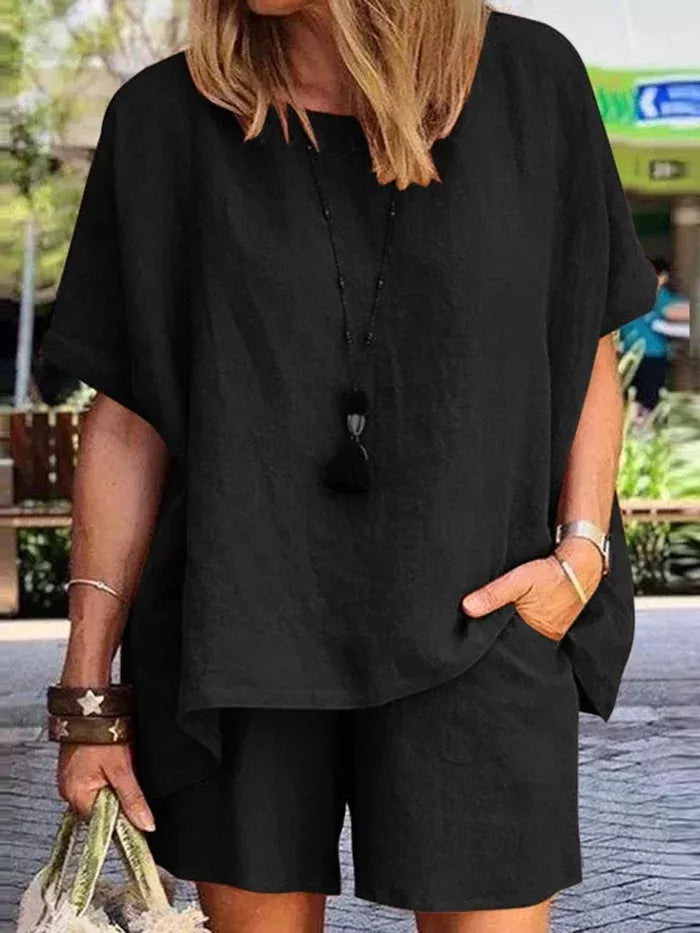 Macymars™ Solid Colour Elastic Waist Suit (Blouse + Pants)