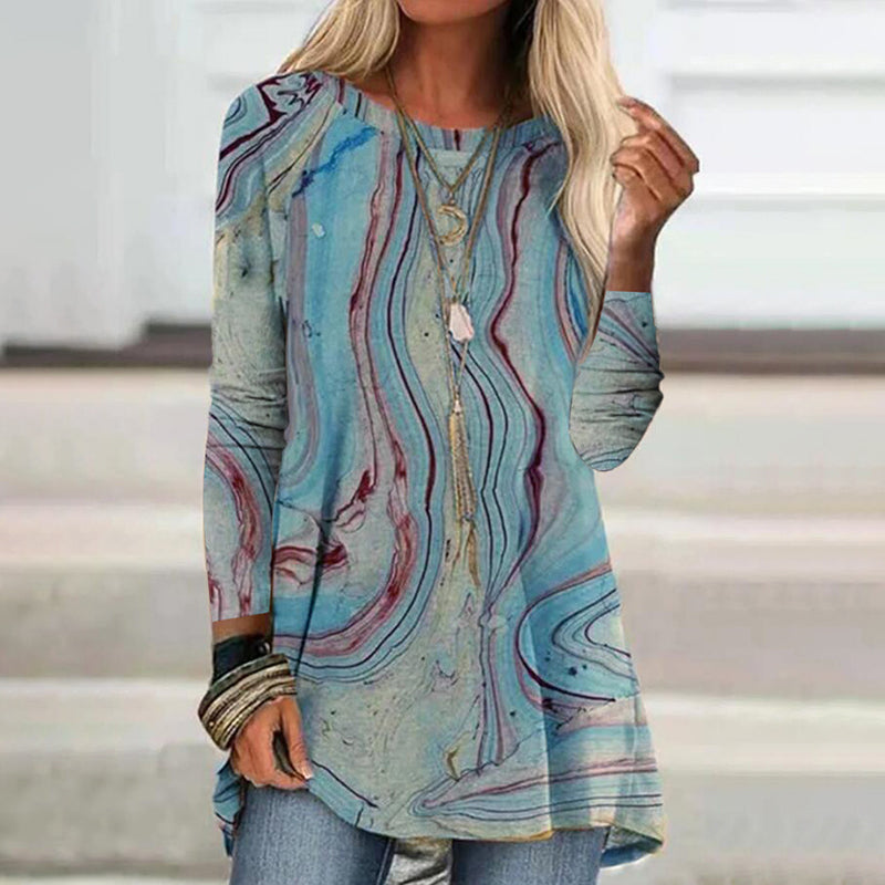 Macymars™ Autumn And Winter Creative Silky Fluid Print Round Neck Long Sleeve Women's T-Shirt