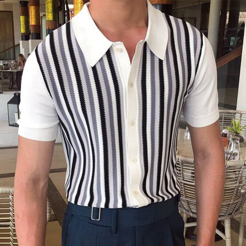 Macymars™ Simple Fashion White Striped Knitted Men's Bowling Shirt