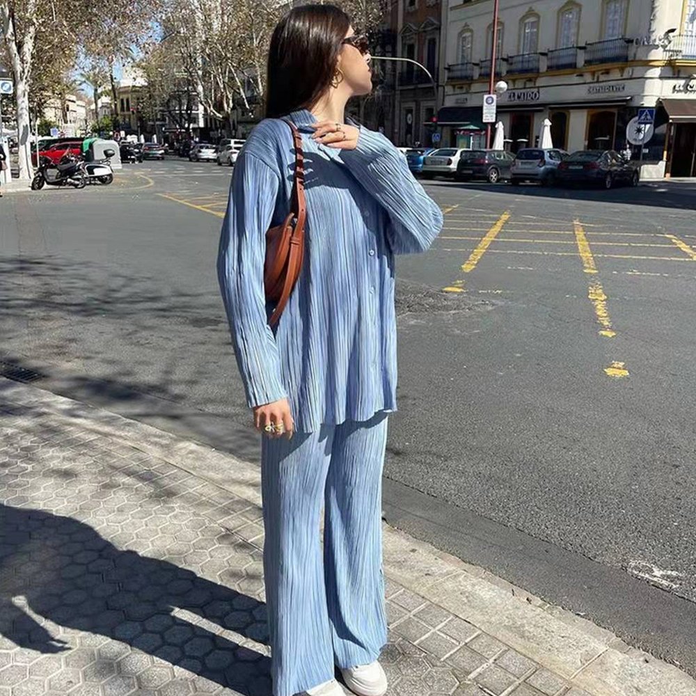 Macymars™ Women Clothing Retro Casual Fashion Fashion Suit 2022 Long Sleeve Loose-Fitting Pleated Wide Leg Pants Two-Piece Set