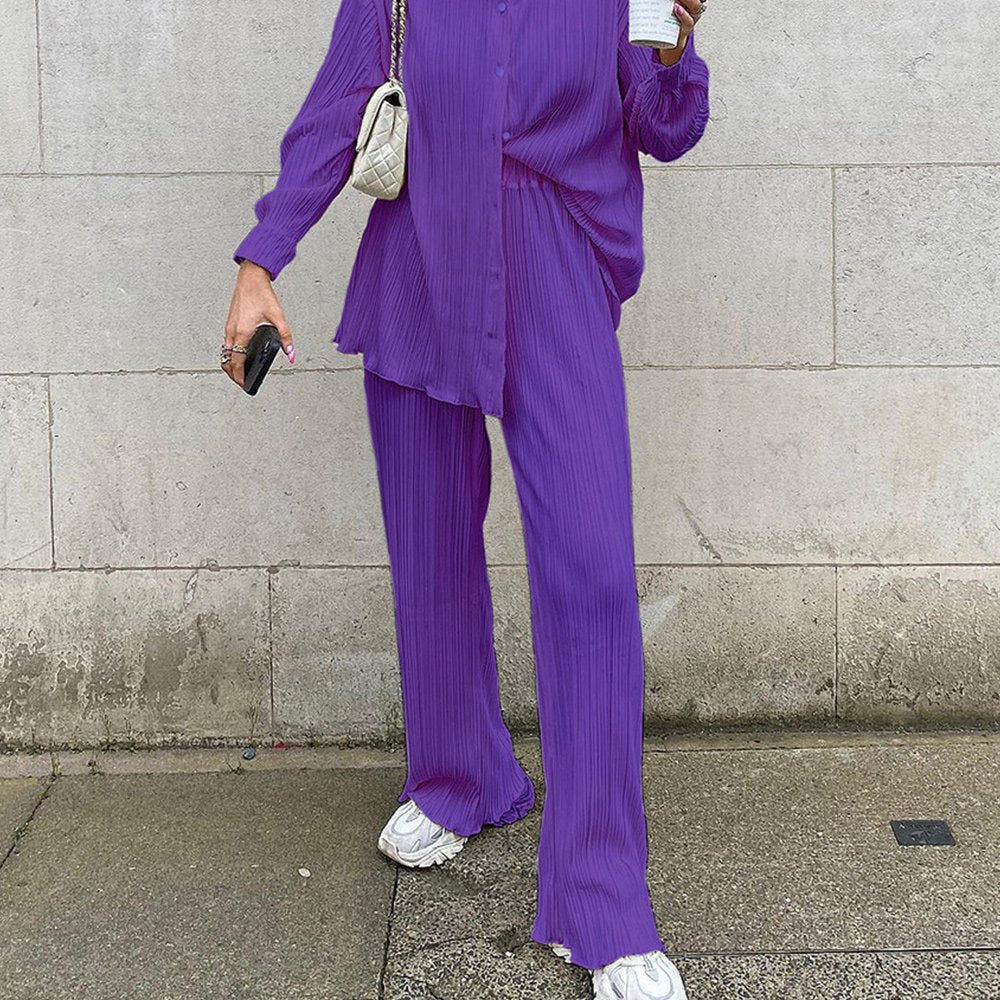 Macymars™ Women Clothing Retro Casual Fashion Fashion Suit 2022 Long Sleeve Loose-Fitting Pleated Wide Leg Pants Two-Piece Set