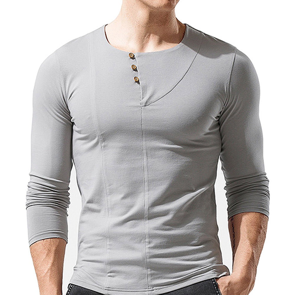 Macymars™ Men's Long Sleeve Solid Color Round Neck Button T-Shirt