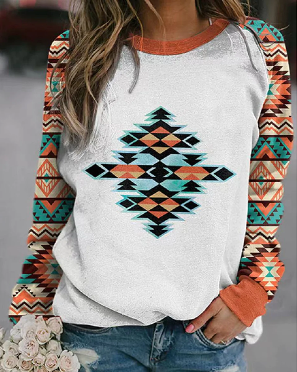 Macymars™ Women Retro Print Crew Neck Long Sleeve Sweatshirt Top