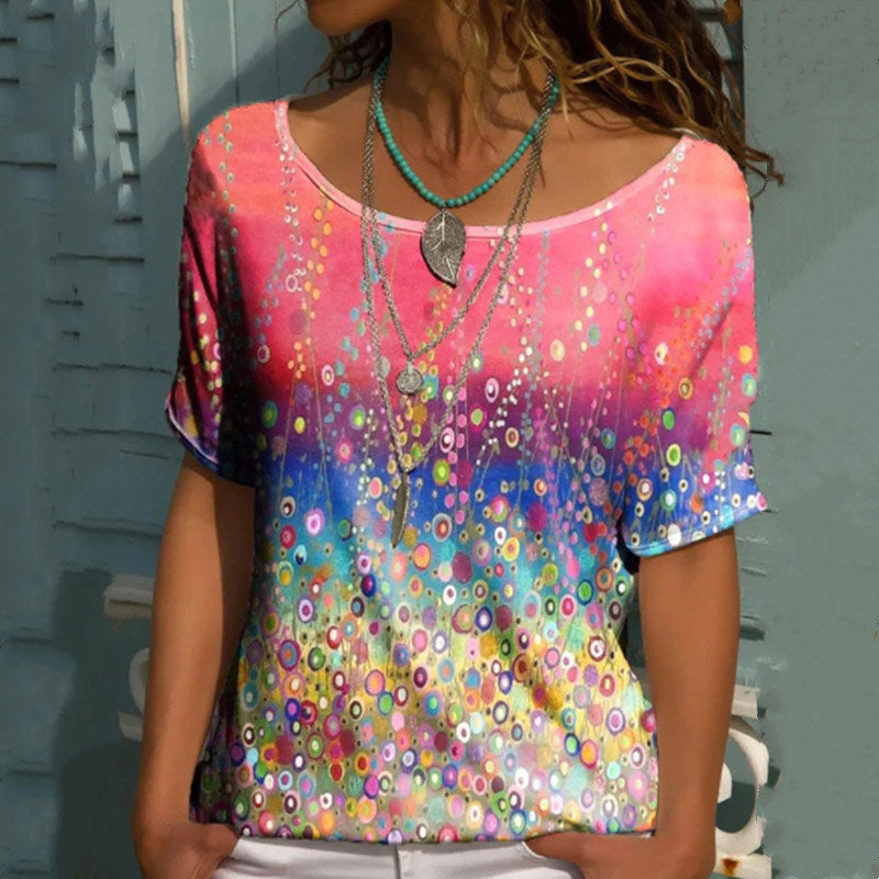 Macymars™ Rainbow Gradient Dot Print Sweet Crew Neck Women's T-Shirt